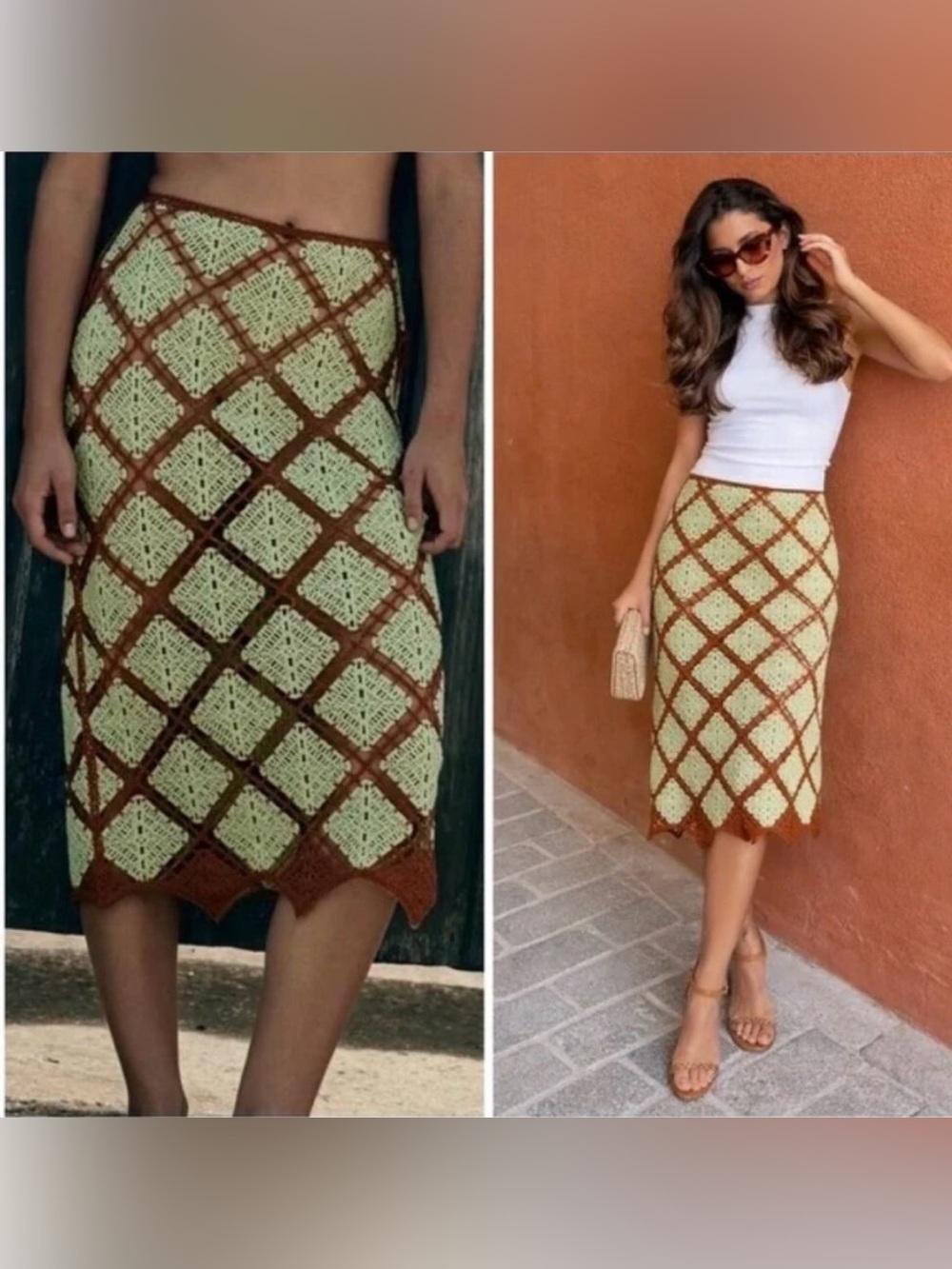 🔥🔥Zara Mint and Brown Crochet Midi Skirt